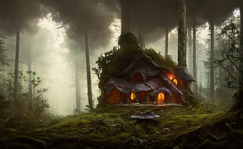 Prompt: A mushroom house in a tall mushroom, warm light coming from the windows, in a dark forest, macro, cool tones, underexposed, overecast, mysterious matte painting by greg rutkowski and marc simonetti and Ivan Shishkin, 4k