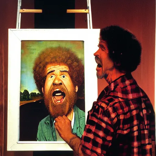 Image similar to bob ross screaming at his painting by norman rockwell