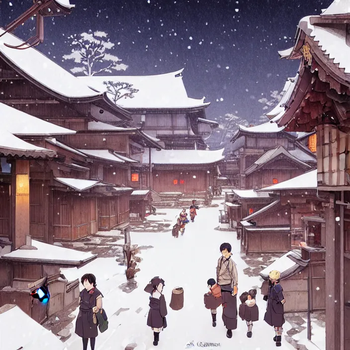 Image similar to japanese rural town, winter, in the style of studio ghibli, j. c. leyendecker, greg rutkowski, artem