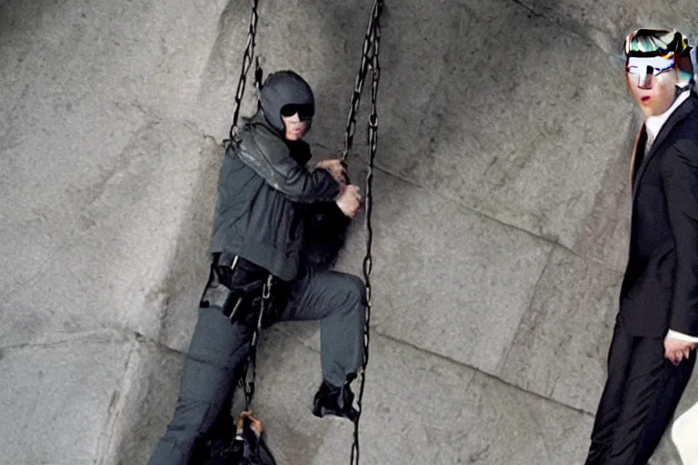 Prompt: movie still of spy donald trump as tom cruise in mission impossible hanging from a cable