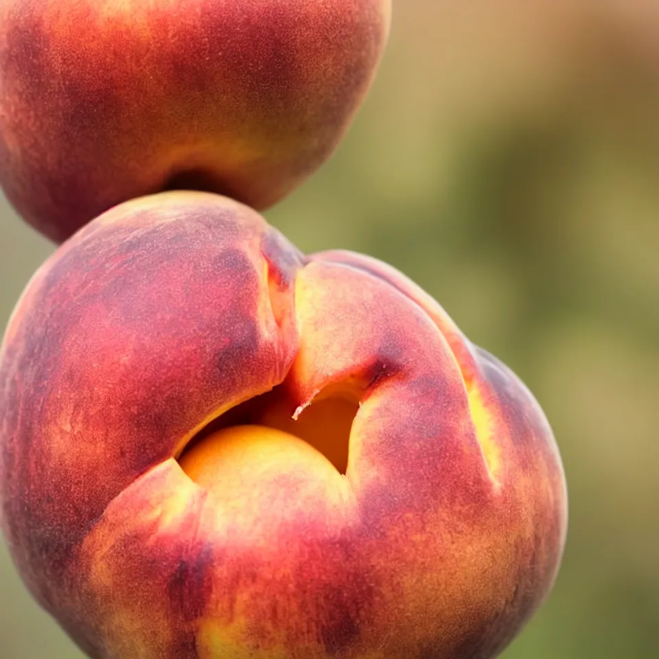 Prompt: A human-like juicy peach, made of human skin, pale skin color. Close-up. Photorealistic. Bokeh.