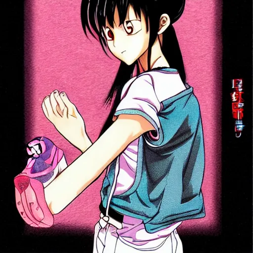 Image similar to shirt design, manga, realistic lighting, matte colors, made by toriyama akira, alpaca carlesi, front portrait of a girl, jpop clothing, sneaker shoes, arcade cabinet in background