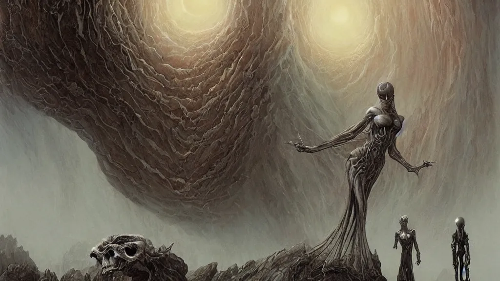 Image similar to eerie atmospheric evolving alien planet by gerald brom and glenn barr, epic cinematic matte painting