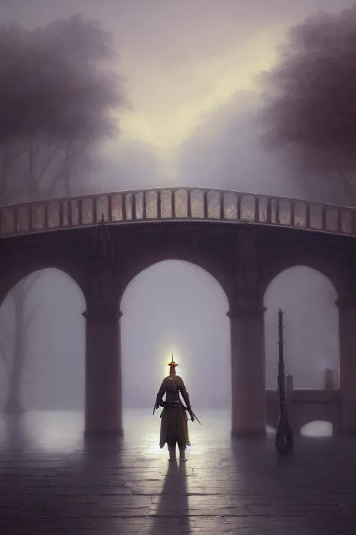 Image similar to A lone soldier stands at the bridge, illustration, soft lighting, soft details, dark mood, painting oil on canvas by Edmund Blair Leighton and Charlie Bowater octane render trending on artstation d&d characters, 4k, 8k, HD