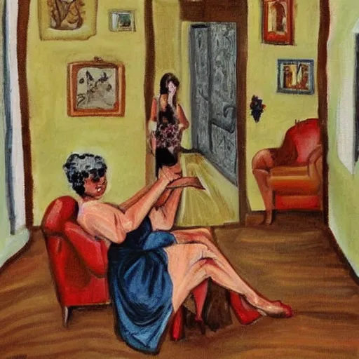 Image similar to A woman thinks she's in an ordinary house, but there are clues that she's actually in hell. Painting