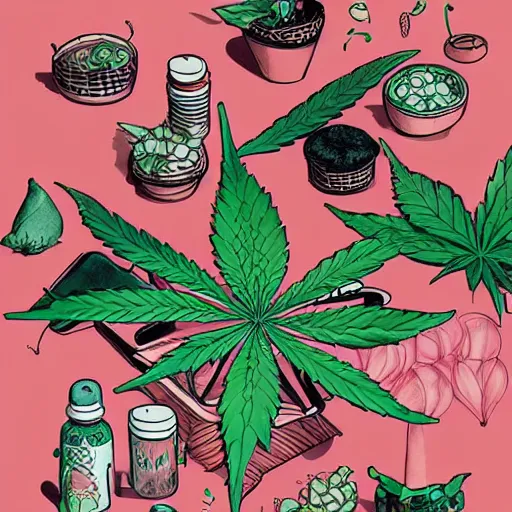 Prompt: neat composition cannabis leaf in pot cafe detailed cute characters, isometric fun style ink watercolor illustration, by ren hang, australian style video game still