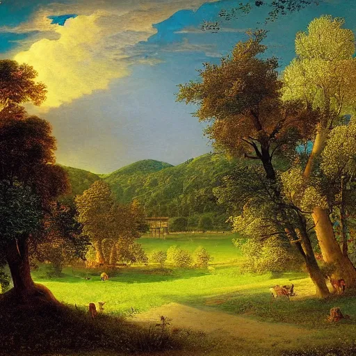 Image similar to a calm meadow, picnic, harmony of nature, infinite dawn, angelic light, sparkling dew, by asher brown durand, by iyoshitaka amano