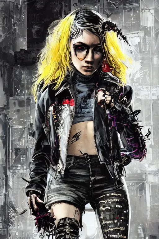 Prompt: highly detailed portrait of a punk rockstar post-cyberpunk young lady from Umbrella Academy with wavy blonde hair, realistic face, proportionate face structure, by Dustin Nguyen, Akihiko Yoshida, Greg Tocchini, Greg Rutkowski, Cliff Chiang, 4k resolution, Nier Automata inspired, science inspired, punk inspired, vibrant but dreary but upflifting lightning yellow and hot pink, black and white color scheme!!! ((Graffiti tag laboratory background))