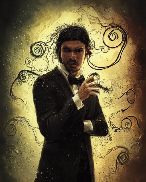 Prompt: a highly detailed portrait of carlos valdes radiating a powerful energy aura, ornate black tuxedo, wispy tendrils of smoke, intricate, digital painting, old english, raining, sepia, particles floating, whimsical background by marc simonetti, artwork by liam wong