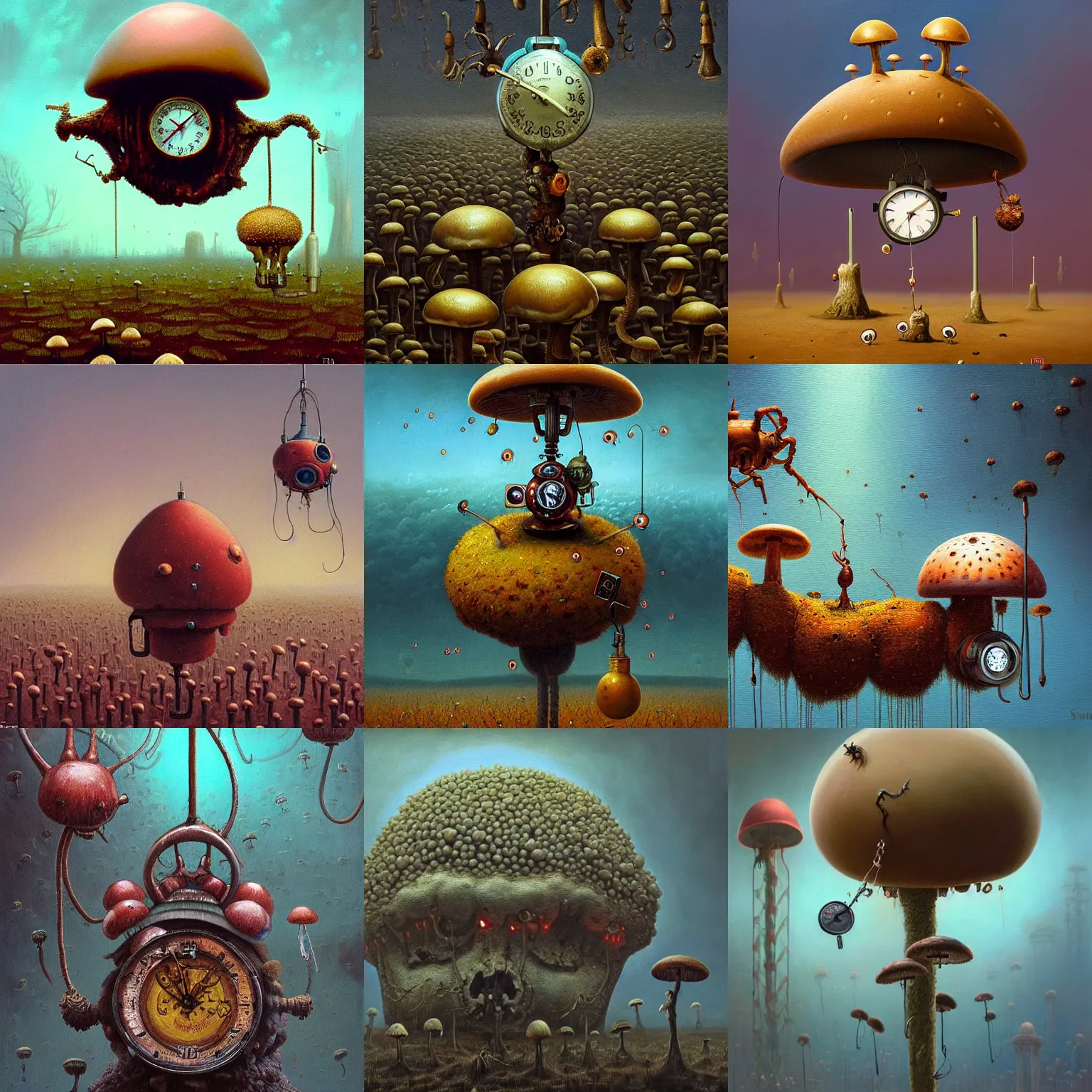 Prompt: insanely detailed oil painting of an alarm clock with two celial mushrooms for bells, hanging from a drooping terrible stalk on a cantagion infected ancient terrible ant bug skull spreading a thick cloud of tiny robotic boid spores from its looming bells, designed by Simon Stalenhag and Beksinski, coral ant