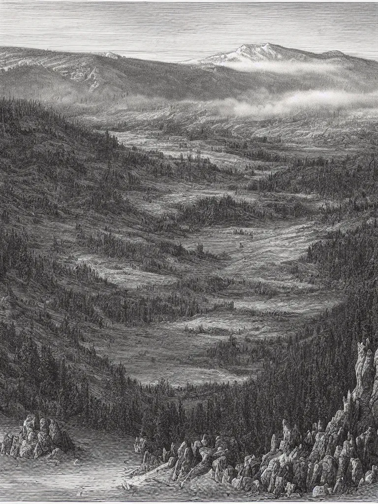 Image similar to an engraving of yellowstone national park by gustave dore and albrecht durer highly detailed, fog, depth, lithograph engraving