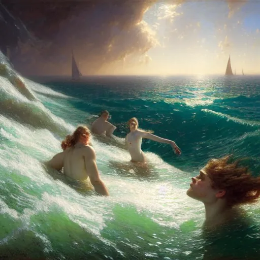 Image similar to point of view, you are deep in the ocean looking up, you see fishes, flora and fauna, higher you see the splendorous milk way illuminating the sea. highly detailed painting by gaston bussiere, greg rutkowski 8 k