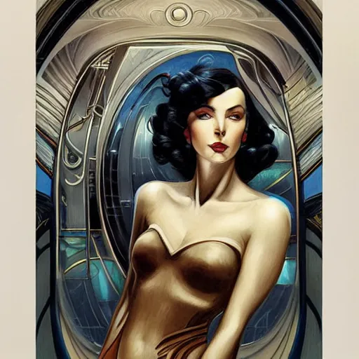 Image similar to a streamline moderne, art deco, art nouveau, dieselpunk painting in the style of donato giancola, and in the style of charlie bowater, and in the style of charles dulac. symmetry, smooth, sharp focus, semi - realism, intricate ultra fine detail.