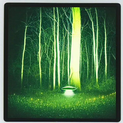 Image similar to a ufo with glowing lights flying over a forest at night, old polaroid, expired film,