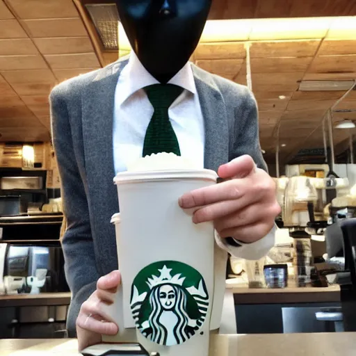 Prompt: slenderman working at starbucks.