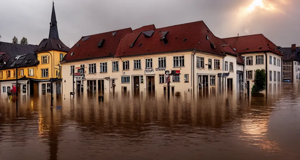 Image similar to award-winning photograph of a german town being flooded, dramatic lighting, hazy atmosphere, god rays, wide focal length, Sigma 85mm f/2, dramatic perspective, chiaroscuro, at dusk