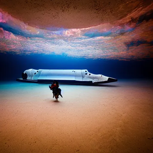 Image similar to dreamlike film photography of a 1880s art nouveau space shuttle made of concrete at night underwater in front of colourful underwater clouds by Kim Keever. In the foreground floats a seasnake. low shutter speed, 35mm