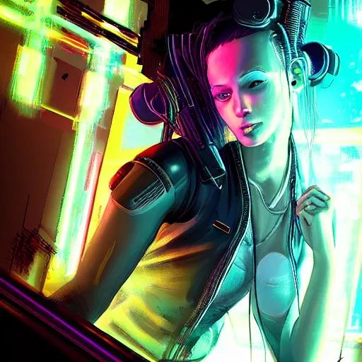 Image similar to “high detail picture of a Cyberpunk girl, digital art, concept art, neon colors, high contrast, sharp focus, hiperrealist, photorealist, Artstation trending, DeviantArt, cybernetics, techwear, urban samurai, netrunner, Shadowrun, Cyberpunk 2077, Deus Ex”