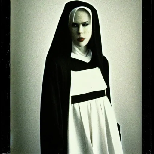 Prompt: polaroid of Nicole Kidman dressed as a nun, 1994, 50mm —ar 4:5