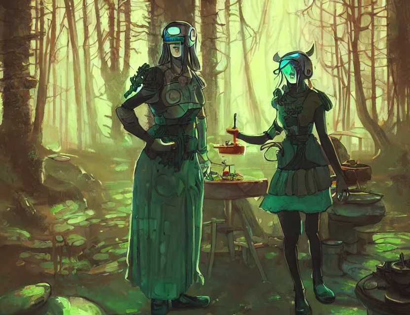 Prompt: viking scifi pastry chef in a forest cafe, wearing a lovely dress with cyberpunk elements. this oil painting by the award - winning mangaka has an interesting color scheme and impeccable lighting.