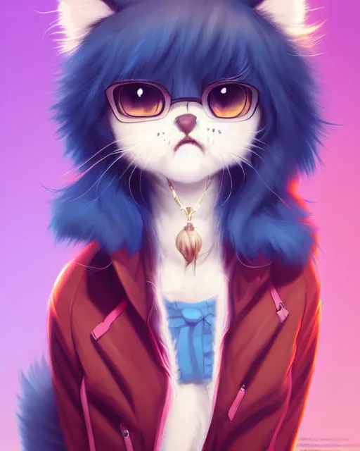 Prompt: fullbody portrait of anthropomorphic half - cat fluffy cute anime woman with paws wearing jeans and coat, concept art, anime art, by a - 1 picture, trending on artstation artgerm, ross tran, wlop, marc davis, james jean