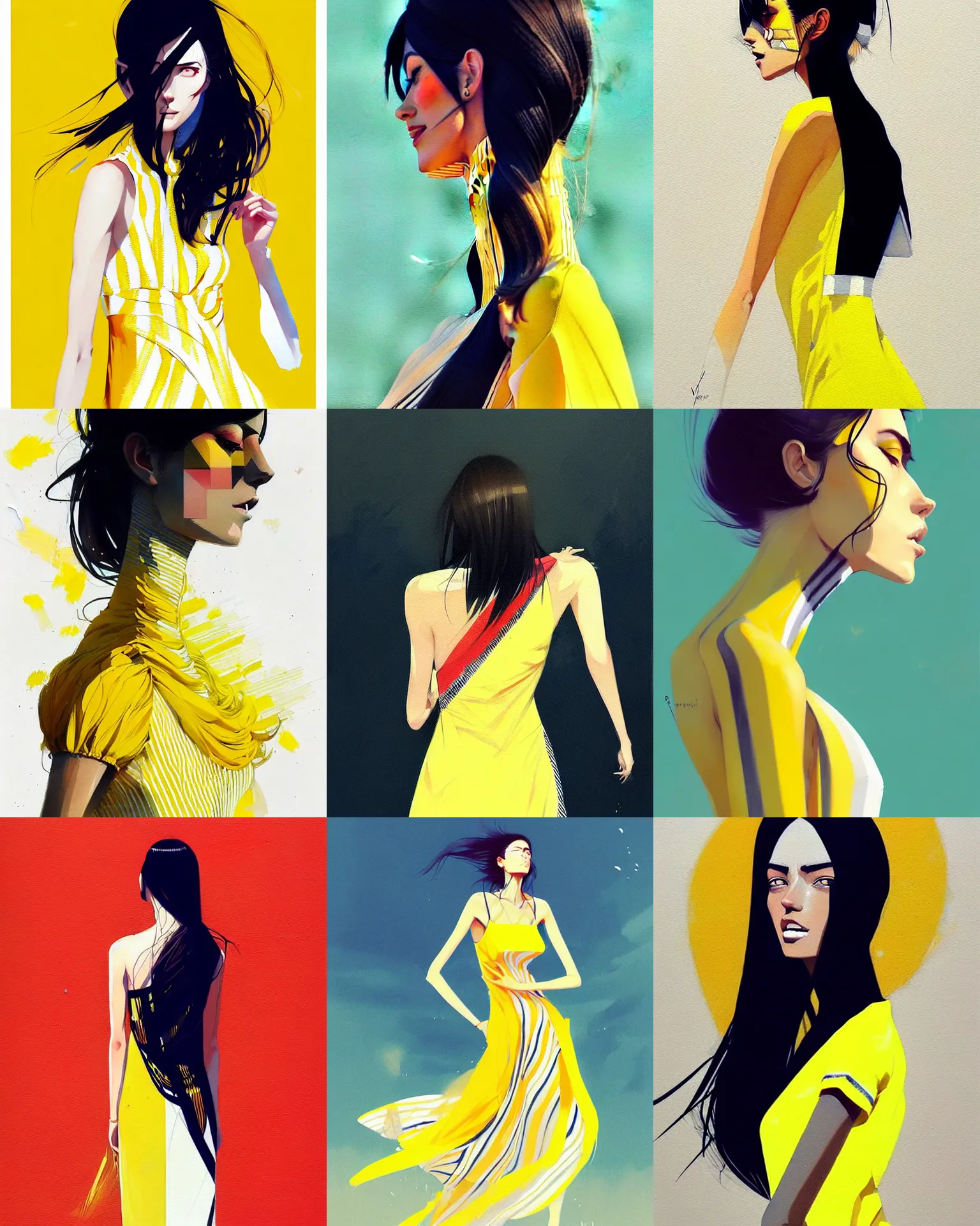 Prompt: a ultradetailed beautiful painting of a stylish woman wearing a tangential yellow summer dress with white converging stripes, by conrad roset, greg rutkowski and makoto shinkai trending on artstation