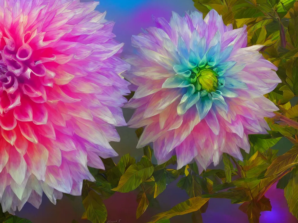 Prompt: 3d render of an opalescent dahlia, Sunlight Study, by Jan Davidsz de Heem and (((((Lisa Frank))))), Art Nouveau, 8k, extreme detail, sharp focus, octane render