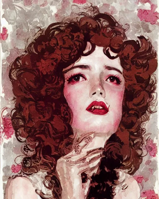 Image similar to a beautiful but sinister girl in layers of fear, with haunted eyes and curly hair, 1 9 7 0 s, seventies, floral wallpaper, delicate embellishments, a little blood, crimson, painterly, offset printing technique, by coby whitmore