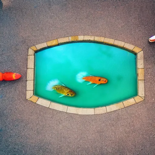 Prompt: a liquid sidewalk with a group of fish swimming inside it [ drone photo ]