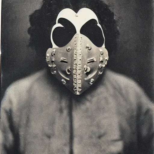 Prompt: photo portrait of 19 century brutal metal face mask cultist lord rich baron by Diane Arbus and Louis Daguerre