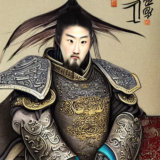 Image similar to dynamic composition, motion, ultra-detailed, incredibly detailed, a lot of details, amazing fine details and brush strokes, colorful and grayish palette, smooth, HD semirealistic anime CG concept art digital painting, watercolor oil painting of a Tang Ming dynasty chinese tao fantasy general wearing armor, from Three Kingdoms, by a Chinese artist at ArtStation, by Huang Guangjian, Fenghua Zhong, Ruan Jia, Xin Jin and Wei Chang. Realistic artwork of a Chinese videogame, gradients, gentle an harmonic grayish colors.