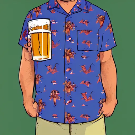 Image similar to stay at home dad with an open hawaiian shirt holding a beer, man on couch, living room, lazy, man drinking beer, hawaiian t - shirt, couch bum, house, illustration, artstation award, colorful, painting, sketch, ultra - realistic, from above, angle