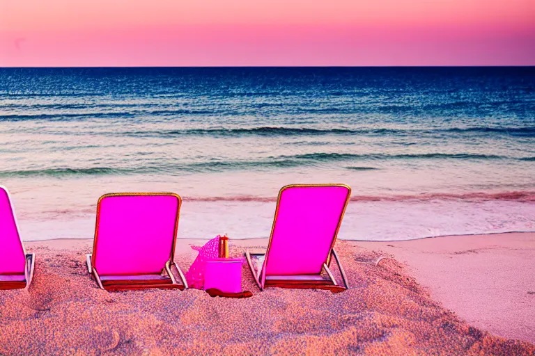 Image similar to a vintage family holiday photo fuji kodak of an empty beach shore with pastel pink sand reflective metallic water and sunbathing equipment at dusk.