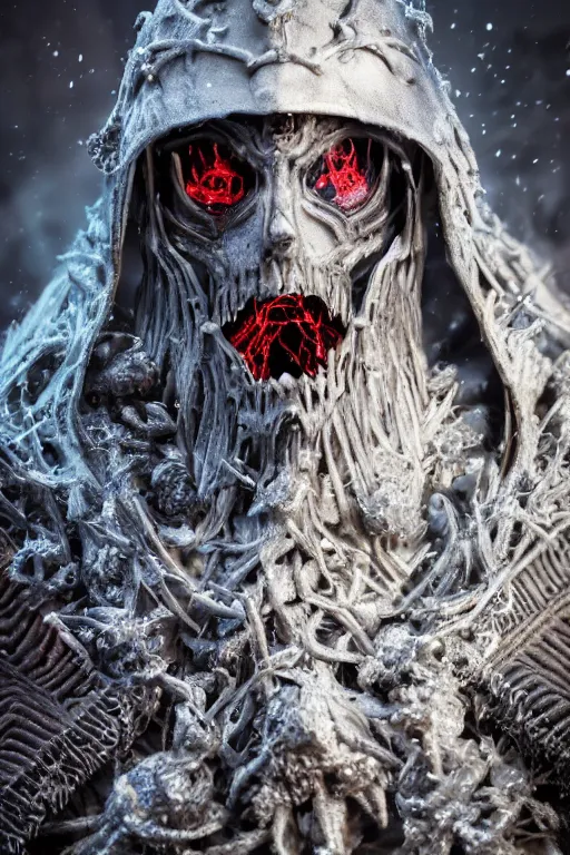 Image similar to a portrait of an ancient lich king, dark fantasy setting, dynamic pose, cobwebs and dust, decay, glowing red eyes, close - up, intricate details, intricately detailed clothing and textures, warm lighting, vivid colors, smoke and mist, realistic octane render, hyper realistic render, volumetric shading, depth of field, raytracing, 8 k,