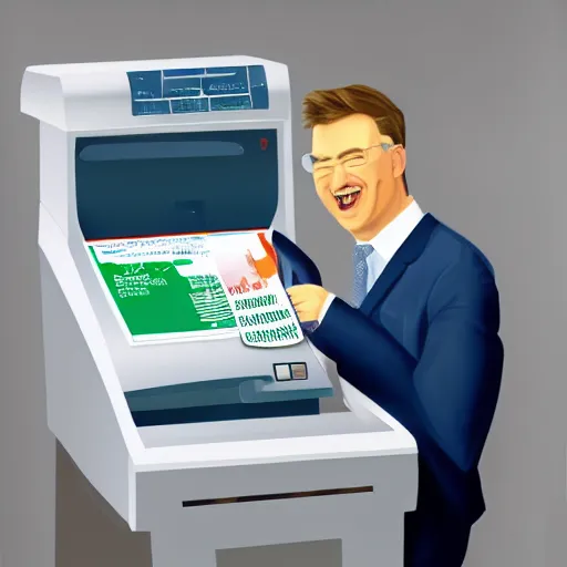 Image similar to hyperrealistic painting image where a happy businessman appears behind a ticket printing machine