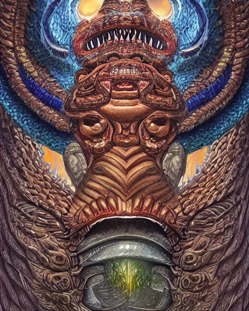 Prompt: digital painting of quetzalcoatl, mayan feathered serpent god, by filipe pagliuso and justin gerard, fantasy, highly detailed, intricate, sharp focus, tarot card, serpent head, fangs