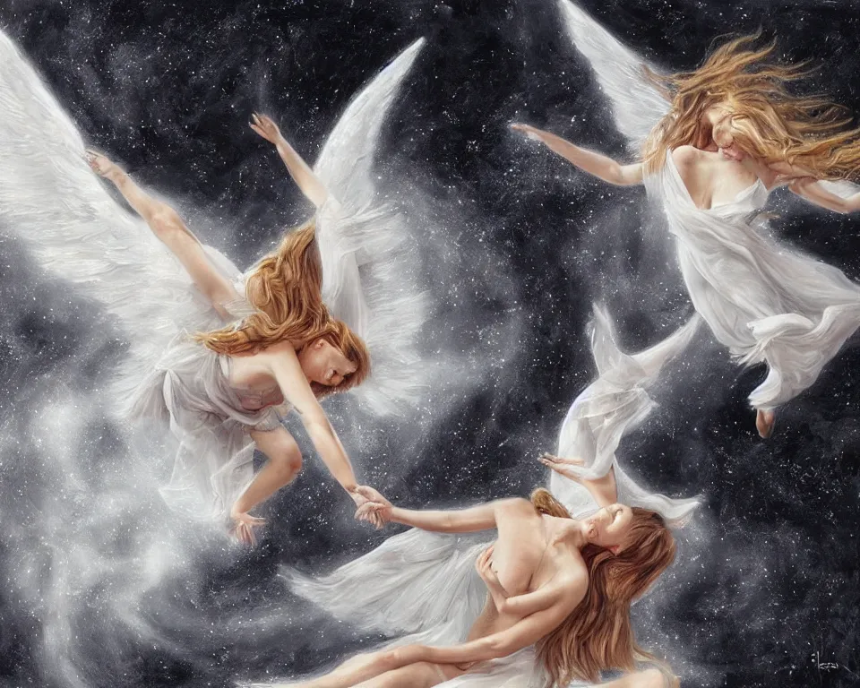 Image similar to angel falling to black hole, very high resolution images, very fine details, very realistic looking, rennaissance style painting, drawn by yulia iosilzon, and simone graci