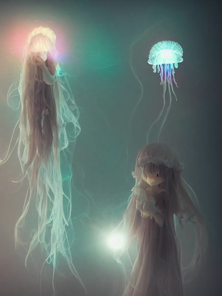 Image similar to cute fumo plush smiling ectoplasmic gothic jellyfish ghost girl, dancing on a foggy riverbank, glowing wisps of hazy smoke, lens flare, vignette, refraction, vray