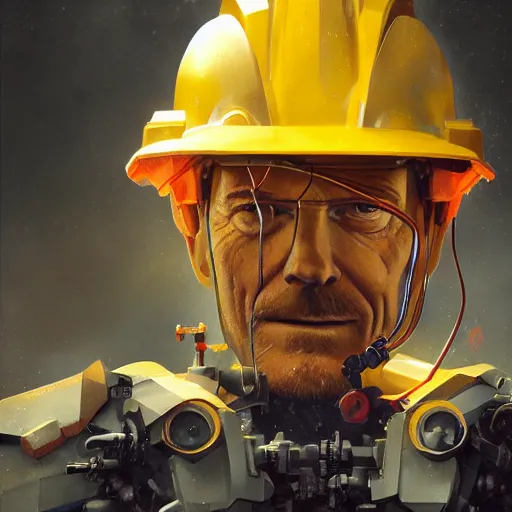 Image similar to closeup portrait of mecha bryan cranston with construction crane arms, yellow hardhat, fantasy, d & d, heartstone, digital painting, volumetric light, intricate, sharp, focus, bloom, illustration, highly detailed, concept art, matte, ruan jia, randy vargas, greg rutkowski