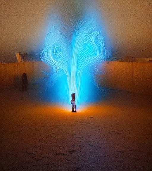 Image similar to lokah samastah sukhino bhavantu vertical blue light, iphone 1 3 pro max, painting art, volumetric lighting, majestic light, ethereal, hyperrealistic, at night, epic, masterpiece, by reuben wu