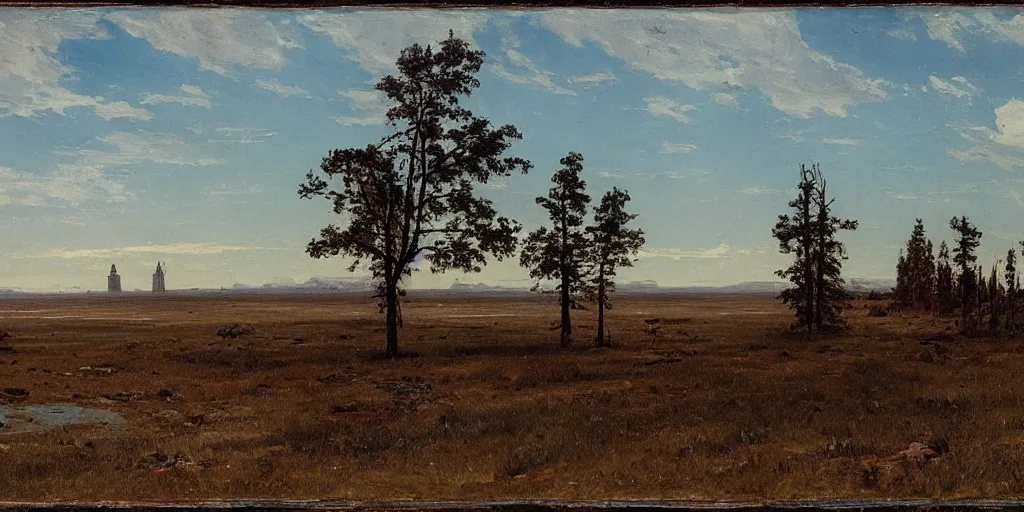 Prompt: midday horror landscape, matte painting, by Isaac Levitan and Asher Brown Durand