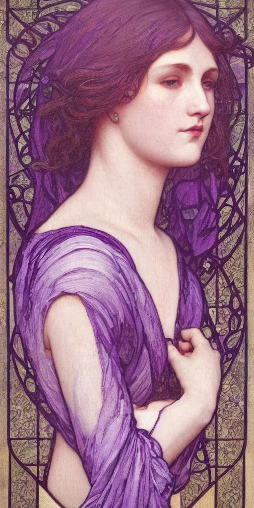 Image similar to purple, character portrait of purple, by waterhouse, by mucha, lean face, symmetrical face, face symmetry, cinematic lighting, beautiful, elegant, oil painting, cinematic, portrait, raphaelite, trending on artstation, intricate background