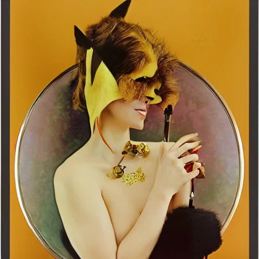 Image similar to elegant woman dressed up as pikachu art photo by Annie Liebovitz and Alphonse Mucha