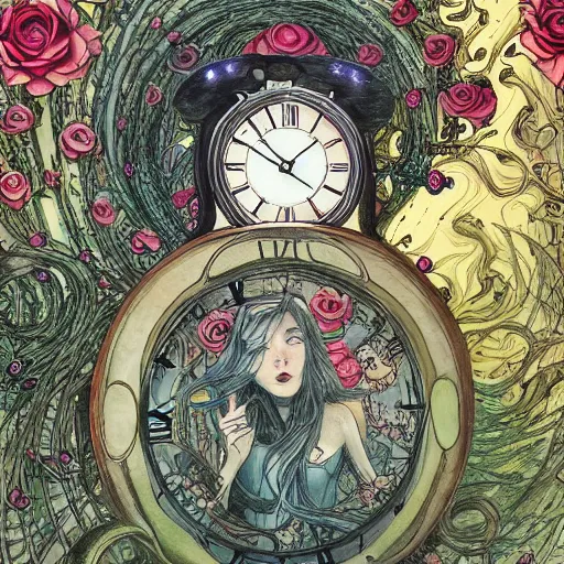 Prompt: Alice in Wonderland,Clock,Rose twining,out of time and space,dreamy, eternity, romantic,highly detailed,in the style of James jean, Miho Hirano, Rebecca guay, night lighting