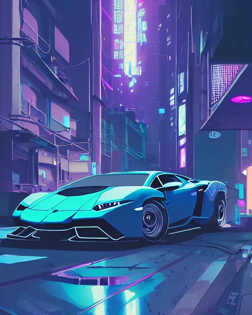 Image similar to digital illustration of cyberpunk pretty girl with blue hair, looking at a purple lamborghini, in junkyard at night, by makoto shinkai, ilya kuvshinov, lois van baarle, rossdraws, basquiat