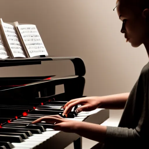 Image similar to a cyborg playing the piano in a futuristic apartment, award winning art, 4k, highly detailed, sharp focus, cinematic lighting, smooth