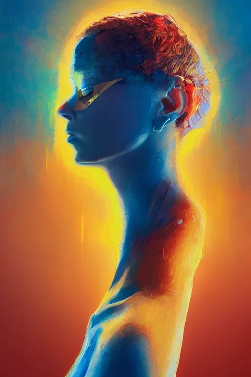 Prompt: 3 d, sci - fi, sun rays, sleepy fashion model face, yellow faces, cinematic, vogue cover style, poster art, light red and deep blue mood, realistic painting, intricate oil painting, high detail, figurative art, multiple exposure, poster art, 3 d, by tooth wu and wlop and beeple and greg rutkowski