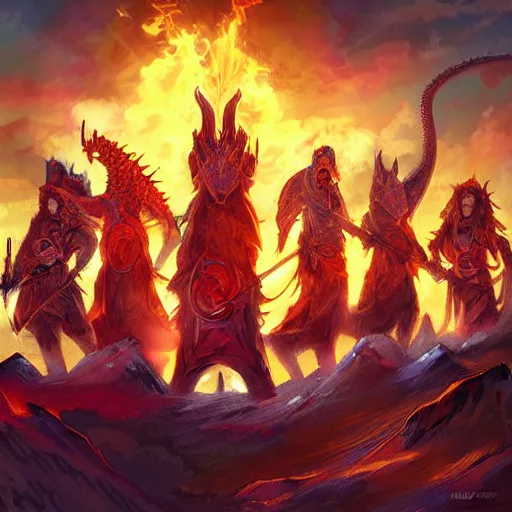 Image similar to the band of adventurers stand before the great dragon, digital art, epic power pose, flames and chaos