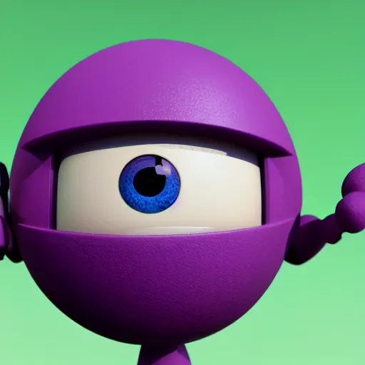 Image similar to photo of a comically tiny clay model of character with large spherical purple head and large childlike eyes with comically tiny body and spindly limbs leans close to the camera, fish eye lens, 4 k, hyper realistic, hyper detailed face, octane render, comedic, cute