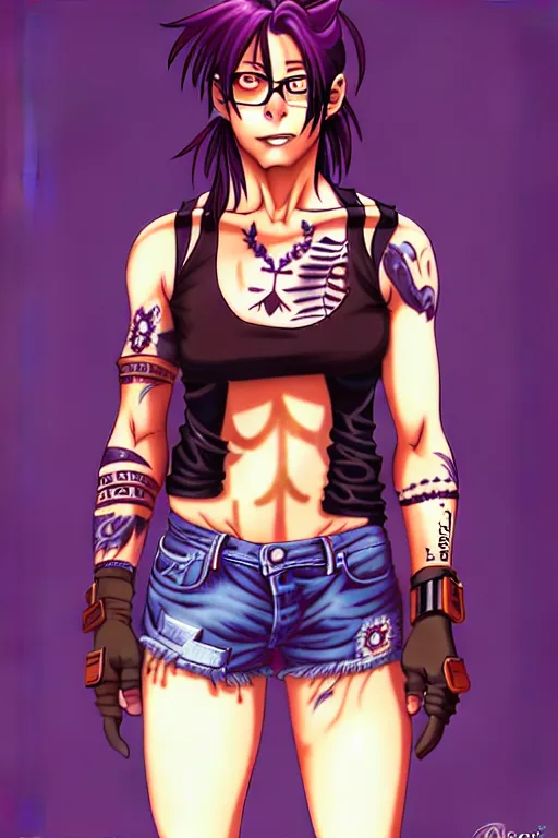 Image similar to a portrait of revy from black lagoon, dilraba dilmurarevy, smirk, black tank top, jean shorts, brown eyes, purple hair, tribal tattoos right arm sleeve, symmetrical eyes, symmetrical face, art by lois van baarle and loish and ross tran and rossdraws and sam yang and artgerm